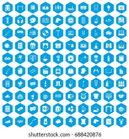 100 leisure icons set in blue hexagon isolated vector illustration