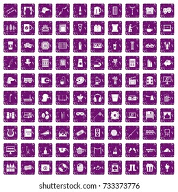 100 leisure icons set in grunge style purple color isolated on white background vector illustration