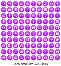 100 leisure icons set in purple circle isolated vector illustration