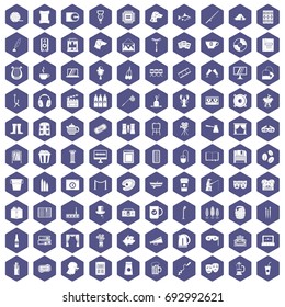100 leisure icons set in purple hexagon isolated vector illustration