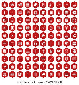 100 leisure icons set in red hexagon isolated vector illustration