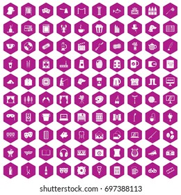 100 leisure icons set in violet hexagon isolated vector illustration