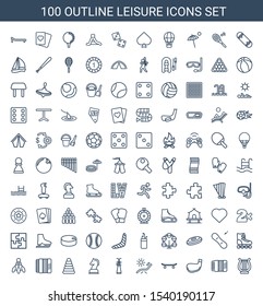 100 leisure icons. Trendy leisure icons white background. Included outline icons such as harp, harmonic, golf stick, skateboard, sunbed, Shuttlecock. leisure icon for web and mobile.