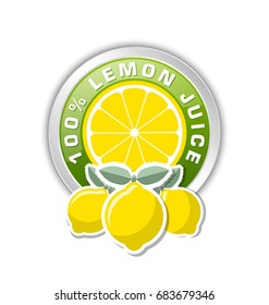 100% lemon juice badge with three lemons placed on white background
