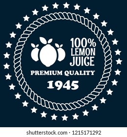 100% lemon juice premium quality emblem, label, badge, logo, icon. premium quality package label. vintage stamp. designed for lemon juice products.label with lemon icon
