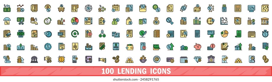 100 lending icons set. Color line set of lending vector icons thin line color flat on white