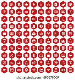 100 lending icons set in red hexagon isolated vector illustration