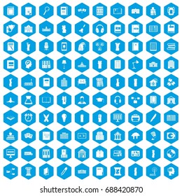 100 library icons set in blue hexagon isolated vector illustration