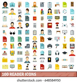 100 library icons set. Flat illustration of 100 library icons vector set for any design