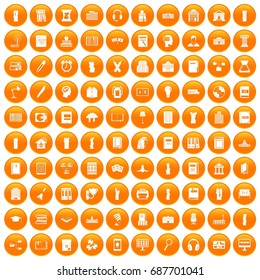 100 library icons set in orange circle isolated vector illustration