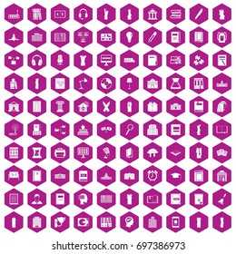 100 library icons set in violet hexagon isolated vector illustration