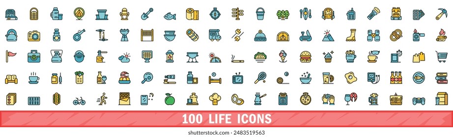 100 life icons set. Color line set of life vector icons thin line color flat on white