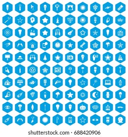 100 light icons set in blue hexagon isolated vector illustration