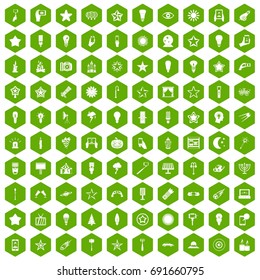 100 light icons set in green hexagon isolated vector illustration