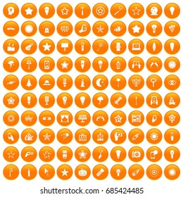 100 light icons set in orange circle isolated on white vector illustration