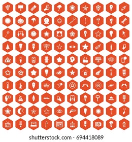 100 light icons set in orange hexagon isolated vector illustration