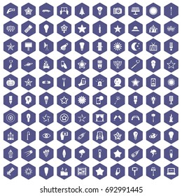 100 light icons set in purple hexagon isolated vector illustration