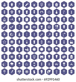100 light source icons set in purple hexagon isolated vector illustration