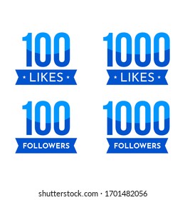 100 Likes Followers Social Media Blue Icons Labels Vector