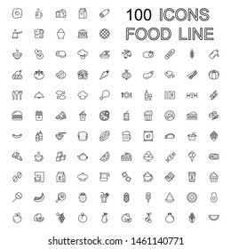 100 Line Food Icons Set Collection. Bakery, Seafood, Vegetables, Fruit, Coffee, Meat, Fastfood. Vector illustration eps10.