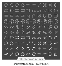 100 line icon set - Arrows. Dark version.