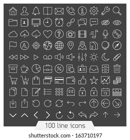 100 Line Icon Set. Trendy Thin And Simple Icons For Web And Mobile. Dark Version