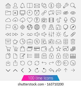 100 line icon set. Trendy thin and simple icons for Web and Mobile. Light version