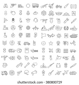 100 linear icons for military, war, and armed conflicts infographics also good for mobile game UX/UI