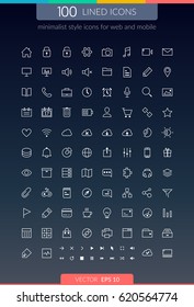 100 lined icons in minimalist style for web and mobile application set isolated on dark background flat vector illustration