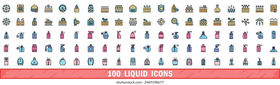 100 liquid icons set. Color line set of liquid vector icons thin line color flat on white