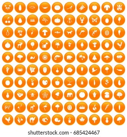 100 live nature icons set in orange circle isolated on white vector illustration