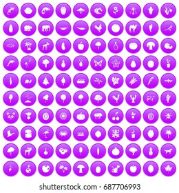 100 live nature icons set in purple circle isolated on white vector illustration