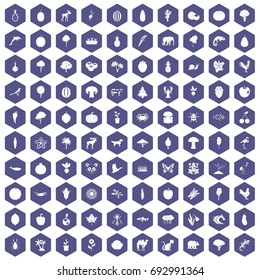 100 live nature icons set in purple hexagon isolated vector illustration