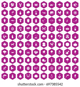 100 live nature icons set in violet hexagon isolated vector illustration