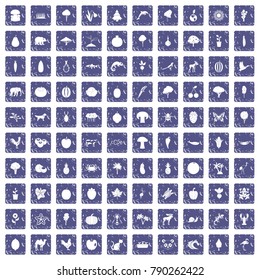 100 live nature icons set in grunge style sapphire color isolated on white background vector illustration