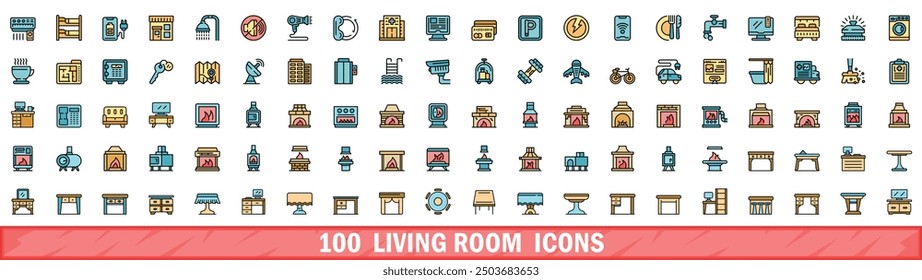 100 living room icons set. Color line set of living room vector icons thin line color flat on white