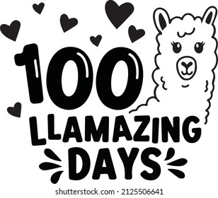 100 Llamazing Days Design. 100th Day of School. llama Kids Shirt Vector. This design also can use in T-shirt, mugs, bags, stickers, backgrounds 