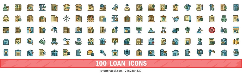 100 loan icons set. Color line set of loan vector icons thin line color flat on white