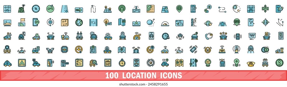 100 location icons set. Color line set of location vector icons thin line color flat on white