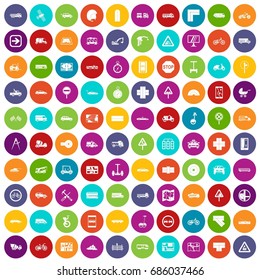 100 location icons set in different colors circle isolated vector illustration