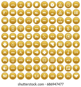 100 location icons set in gold circle isolated on white vectr illustration