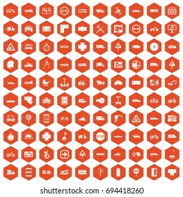100 location icons set in orange hexagon isolated vector illustration