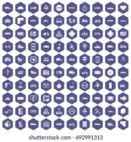 100 location icons set in purple hexagon isolated vector illustration