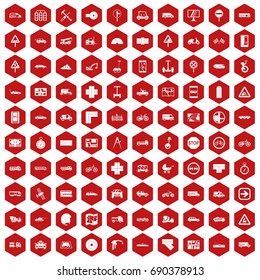 100 location icons set in red hexagon isolated vector illustration