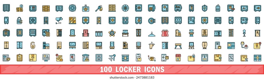 100 locker icons set. Color line set of locker vector icons thin line color flat on white