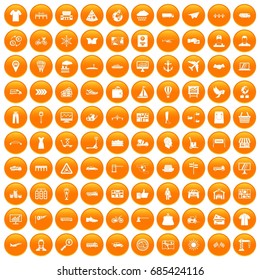 100 logistic and delivery icons set in orange circle isolated on white vector illustration