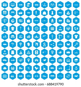 100 logistic and delivery icons set in blue hexagon isolated vector illustration