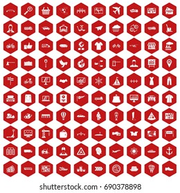 100 logistic and delivery icons set in red hexagon isolated vector illustration