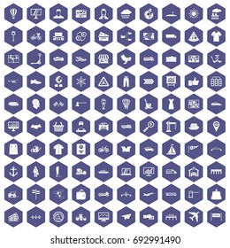 100 logistic and delivery icons set in purple hexagon isolated vector illustration