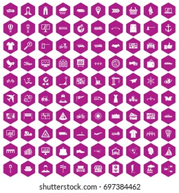 100 logistic and delivery icons set in violet hexagon isolated vector illustration
